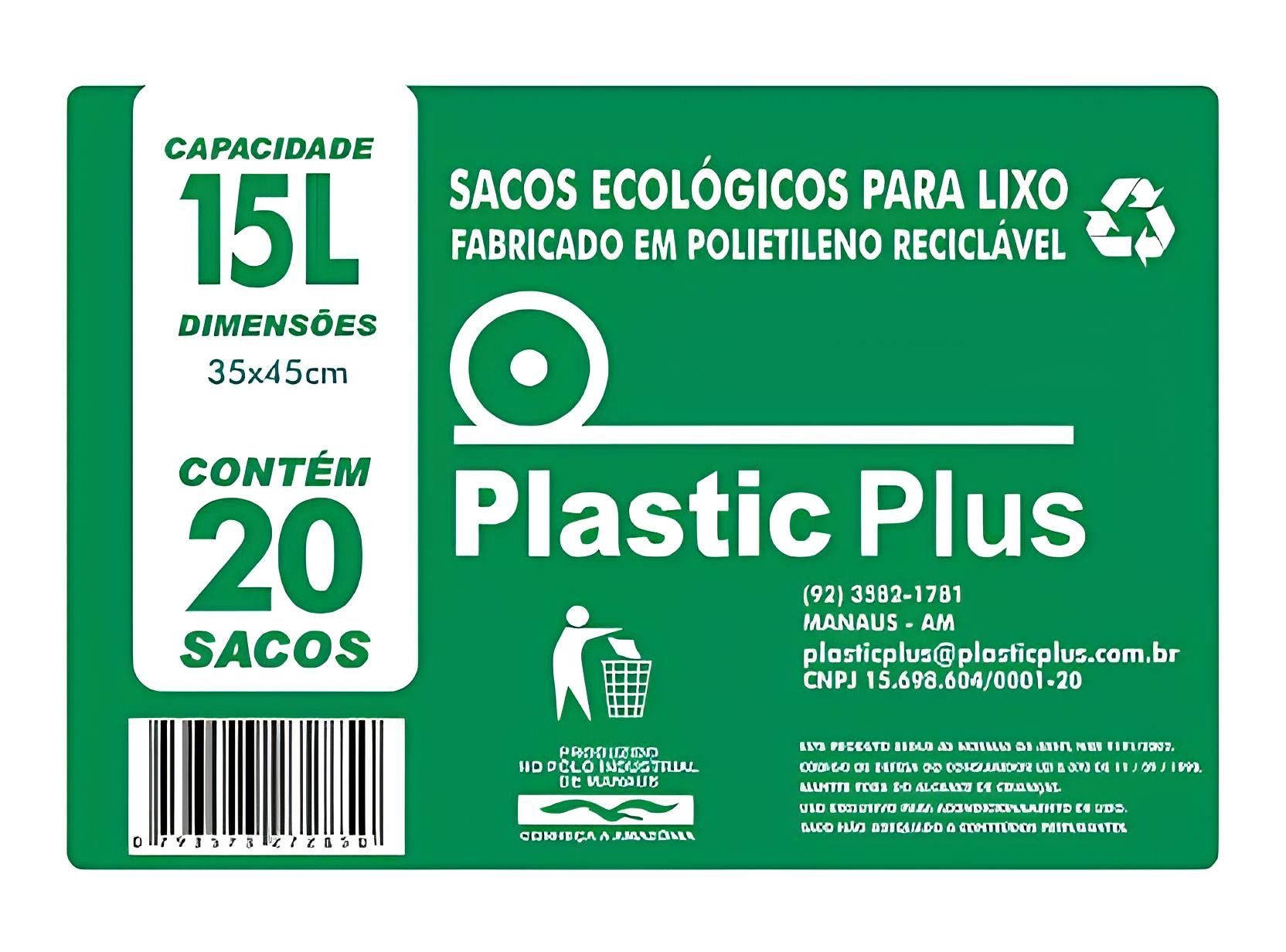 Saco p/Lixo 15Lt c/20Un Plasticplus Preto